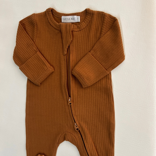 Ribbed Two-Way Zip One-Piece Brown