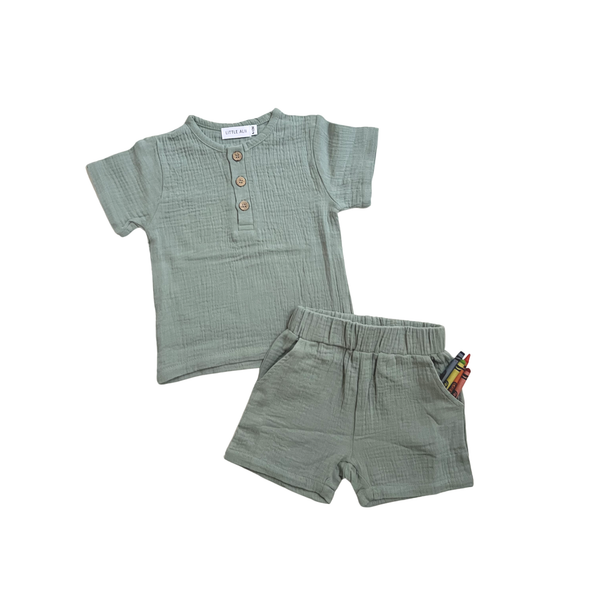 Baby and toddler organic cotton muslin shirt and short set in neutral tones by Little Alii